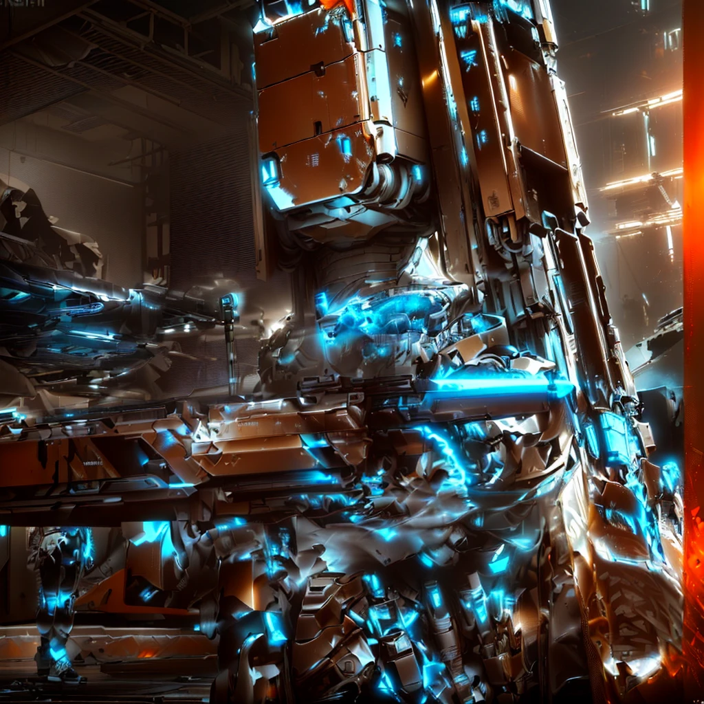 A colossal mechanized robot, its colossal body sprawled on the ground as it takes aim with an oversized flat orange sniper rifle at a distant target. This incredibly detailed image captures the intricate machinery of the mech, showcasing every intricate gear and piston. The scene is depicted in a painting with vivid colors and stunning realism. The sniper rifle gleams with a metallic sheen, contrasting sharply against the dusty background. The craftsmanship of the artist is evident in the fine details of the robot's armor plating and the intricacies of the weapon. The overall effect is a mesmerizing blend of science fiction and precision artistry.
