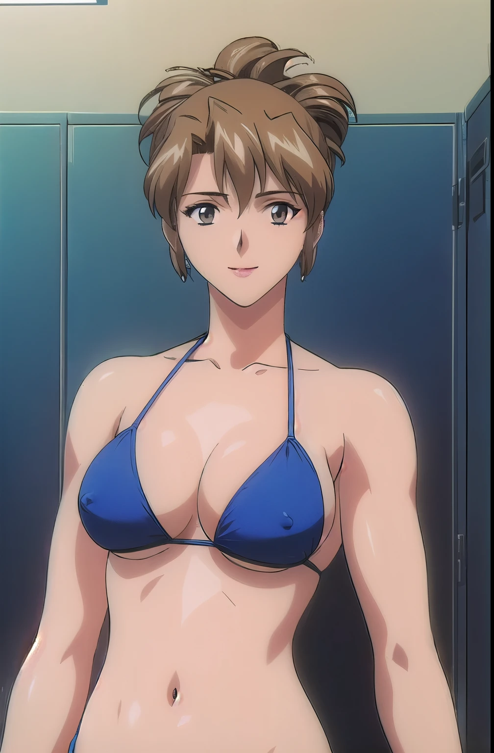 masterpiece, best quality, looking at viewer, (upper body:1.7), (slender woman:1.5), medium height, ultra detailed, (little biceps:1.25), (brown hair:1.5), (smile:1.5), folded ponytail, locker room, bright image, (blue bikini:1.5), hot colors, closed fists, lip stick, smile, very big breasts with perky nipples, big cleavage, white skin, lights, high brightness, wide hips, groin line, white skin, (long belly:1.3)