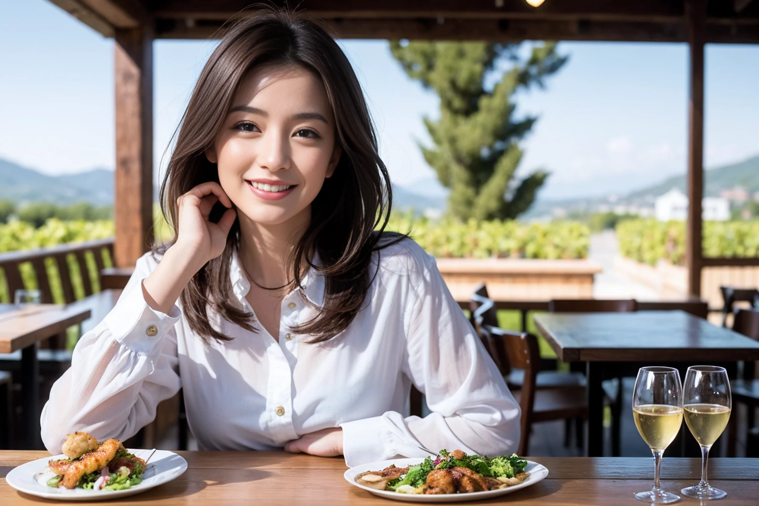((Highest quality、8K、masterpiece:1.3))、1 male、1 woman who resembles Satomi Ishihara、Couple、spouse、Couple、The body is slim、((Bob Hale、Straight hair:1.2)), (Realistic, Intricate details:1.2), テーブルの上のwine glass、Shine light on your face、 Amazing view of the sunset sky and clouds、Amazing mountain views、A bright smile、The wonderfulness of smile、Bright image、The beauty of wine, Beautiful Face, blue eyes, The light shines on your face, Blushing, short hair,Bright Face、42 years old), 39 years old, red wine 、Appetizers、Italian food、Wine bottle、Champagne、sparkling wine、Two beauties、Brown Hair、Shortcuts、Long sleeve shirt、dress、Beautiful woman 1, (slimな顔), (The body is slim), (Brown Hair), (Shortcuts), cheeks turn a little red,Attractive beauty、restaurant, In a prominent place (From the waist up) Nova Frog Style, actress, model, Upper Body, White wine, slim, wine glass, 中央に置かれたwine glass, smile, (smile: 1.15), Beautiful fine grain, Depth f/2,saturation, High Contrast, Strong light and shadow,Moist Body:1.5、3D texture、Delicate eyes、Brown Hair、The hair is very shiny、