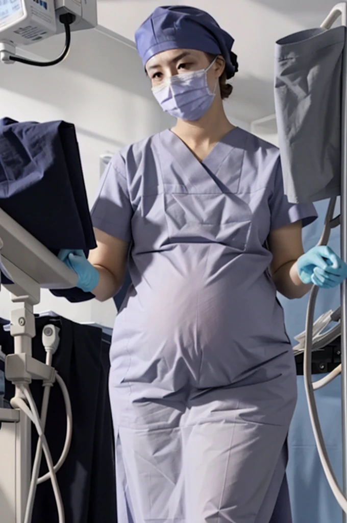 (RAW photo, best quality), operating room, overhead surgical light,blurred background, focused, dithering,backlighting,
 surgical_nurse_ppt, 1girl, pregnant,surgical mask, surgical cap, gloves,long dress, nurse, 
 fubuki kyouka,