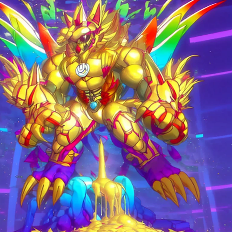 (masterpiece. official art. 8k. best quality. detailed full body. full body.)
(situation 1 : dominating The Phoenix Wolf. The Phoenix Wolf is over 1000 meters long. focus GIANT mechanical Muscular The Phoenix Wolf is trampling the car. Looking down.)
(situation 2 :smoke and flames rising from the destruction in the city)
(Additional details 1: Wearing golden Armor. Cape. Helmet. real texture material. whole body shines like metal. emphasizes the muscles. suit fully made of metal. Robotic suit. no face.).
(Additional details 1.5: The arms are golden. The lower half of the body is golden. The wolf-shaped helmet has sharp fangs. The whole body is golden. The chest area is also golden. There is a ring above the head.).
(Additional details 2: Detailed head. Detailed Body. Detailed abs. gigantic muscles. HYPER MUSCLES. Gigachad Muscular. big muscle. pecs. triceps. traps. unusually developed muscular body. body full of huge muscles. showing off muscles. pectorales enormes. Exaggeratedly huge muscles. huge muscles. long legs.).
(Additional details 3: Spread wings. It has wings. The claws are sharp. Sharp teeth.). He is laughing defiantly. The claws are sharp. Sharp teeth.).
(Additional details 3.5 : nj5furry, He is laughing defiantly. medieval armor.).
(Additional details 4: golden dick, golden cock, golden hyper penis. hyper golden penis. big penis)
(Additional details 6 : Spraying hyper cum up everywhere into the sky from his erect penis. wide spray of cum, covered in cum, cum splashing in front of camera, crowd of naked muscular male spectators, bukkake, City is under a thick later of cum.) crossed arms.
sitting on the throne,