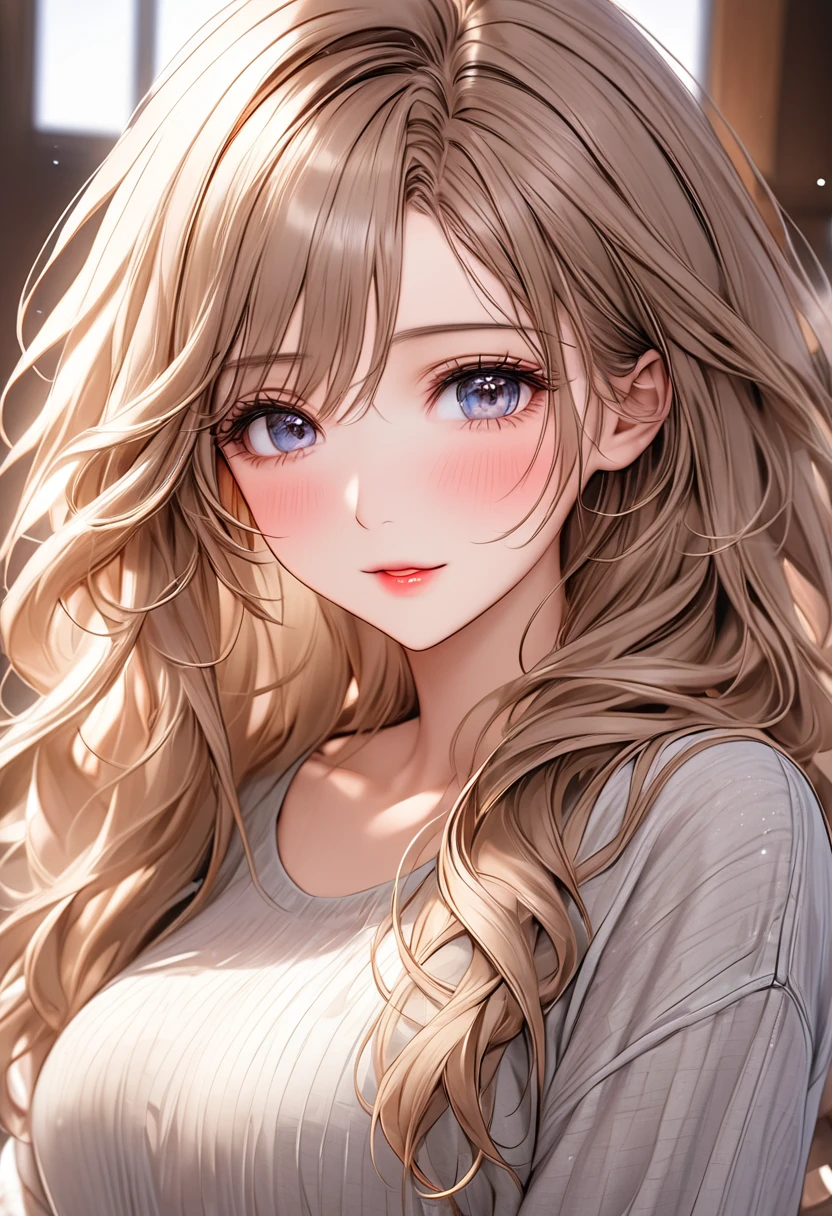 best quality, super fine, 16k, incredibly absurdres, extremely detailed, 2.5D, delicate and dynamic depiction, beautiful woman, amorous and lewd expression, light brown messy wavy hair, make-up, casual clothes, long skirt, sparkly fluffy effect, portraits, prime lenses, lens filters, clear subject