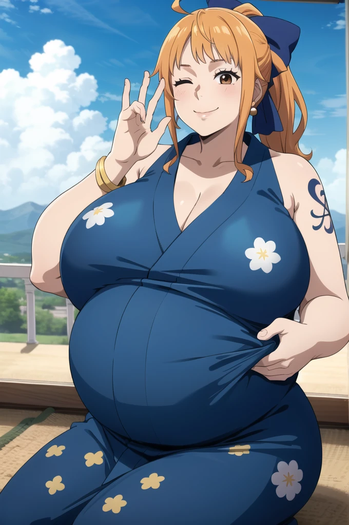 2d, masterpiece, best quality, anime, highly detailed face, highly detailed background, perfect lighting, wano, nami, 1girl, solo, one eye closed, long hair, smile, jewelry, sash, japanese clothes, obi, orange hair, kimono, bow, light blue kimono, flower, flower print, earrings, looking at viewer, sleeveless kimono, ahoge, ribbon, hair bow, sky, day, bracelet, sleeveless, ;\), blue bow, outdoors, breasts, cloud, closed mouth, ponytail, blue sky, brown eyes, orange eyes, left shoulder tattoo, bare shoulders, very long hair, sidelocks, bangs, collarbone, upper body, left arm tattoo, bare arms, official alternate costume, blurry, hand gesture, alternate costume, medium breasts, blurry background, large breasts, eyelashes, mountain, parody, cloudy sky, sitting, shiny hair, bangle, wavy hair, Huge belly, big belly, massive belly, enormous belly, morbidly obese, obese, insanely obese, Huge belly, big belly, massive belly, enormous belly, morbidly obese, obese, insanely obese, Huge belly, big belly, massive belly, enormous belly, morbidly obese, obese, insanely obese, Huge belly, big belly, massive belly, enormous belly, morbidly obese, obese, insanely obese,