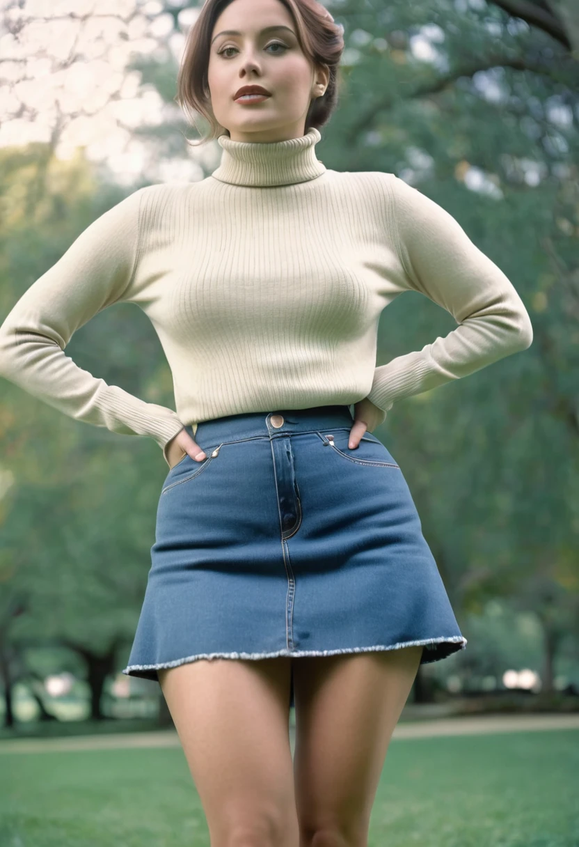 Full body shot of 1 beautiful woman in park, adult, large body, turtleneck sweater, (victorian mini denim skirt), tight skirt tall, 19th century photo, deep focus, vintage film grain, color correction retro style, soft lighting,
