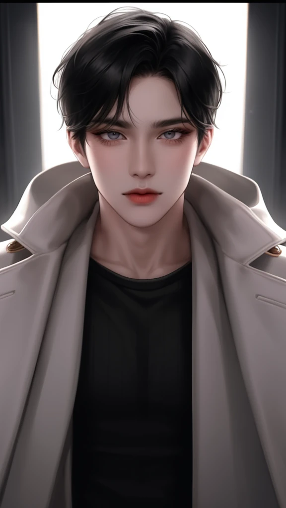 Boy, black hair, black eyes, serious sharp features, white skin, handsome, sweater, coat, good lighting, light from the front, symmetrical camera angle