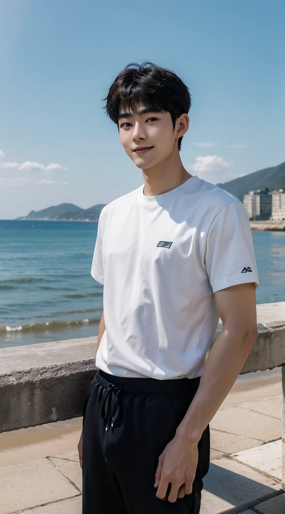 (As a matter of fact, Masterpiece, 8k HD, good light quality, sportswear, fit the face, complicated details), Handsome Korean young man, 20 years old, be happy, smile brightly, detailed face, delicate eyes, มองดูsky, Wear casual clothes, period, black eyes, Black hair color, ผมsmooth, smooth, outdoor sports, By the sea, Sunny,sky,Surreal,Awesome details,Highest quality,real,