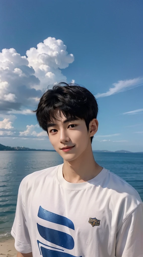 (As a matter of fact, Masterpiece, 8k HD, good light quality, sportswear, fit the face, complicated details), Handsome Korean young man, 20 years old, be happy, smile brightly, detailed face, delicate eyes, มองดูsky, Wear casual clothes, period, black eyes, Black hair color, ผมsmooth, smooth, outdoor sports, By the sea, Sunny,sky,Surreal,Awesome details,Highest quality,real,