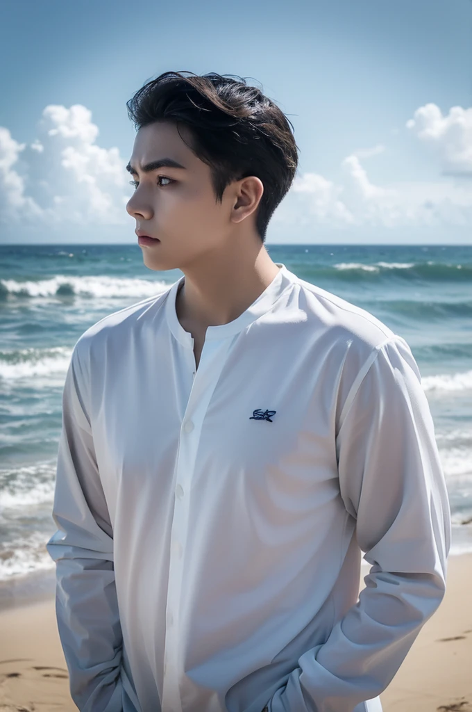 A young man in a shirt stood by the sea with a serious expression., looking into the distance,Eyebrows frowned.,He looked worried.,Turn your head slightly.,Cloudy day