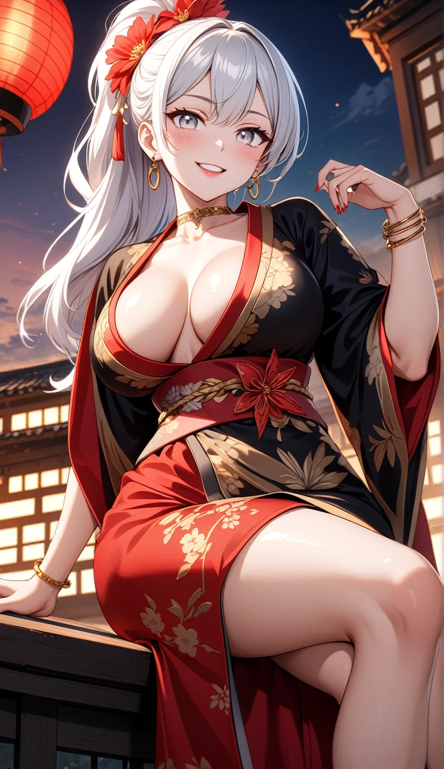 ((One personの女性)), Beautiful Face, (Laughing embarrassedly), (naughty face:1.3),((Wink:1.7)), (head tilt:1.3), upper teeth,Laugh with your mouth wide open,((Bright red cheeks:1.4)), Glossy red lips, ((crossed legs:1.4)), Shining Face, Touching hair with hands,looking at viewer, Rooftop terrace, firework,Lighting on the face, ((Anime style background)),masterpiece, Highest quality, so beautiful,up to date, Complex details, (Pink long nails),(ring),(bracelet),(Floral choker),AI-generated, Complex,High resolution, Highest quality, super high quality,3D Images、3D Images,One person,Long white hair,High Ponytail, Anime woman posing for a photo,(blue eyes), ((Fine grain、Silvery white eyes、Shining Eyes:1.3)), (Squint your eyes:1.1),a hyperRealistic , hyperRealistic , Realistic,Anime woman with long white hair, Smooth anime CG art, A woman in a colorful kimono with gold embroidery, (Black long sleeve kimono),Red floral pattern,Long flower hair ornament,Earrings,Mature Body,(Big Breasts:1.1),Tall,Abdominal muscles,Tight waist,(Zoom in on face:1.3), (dutch angle),