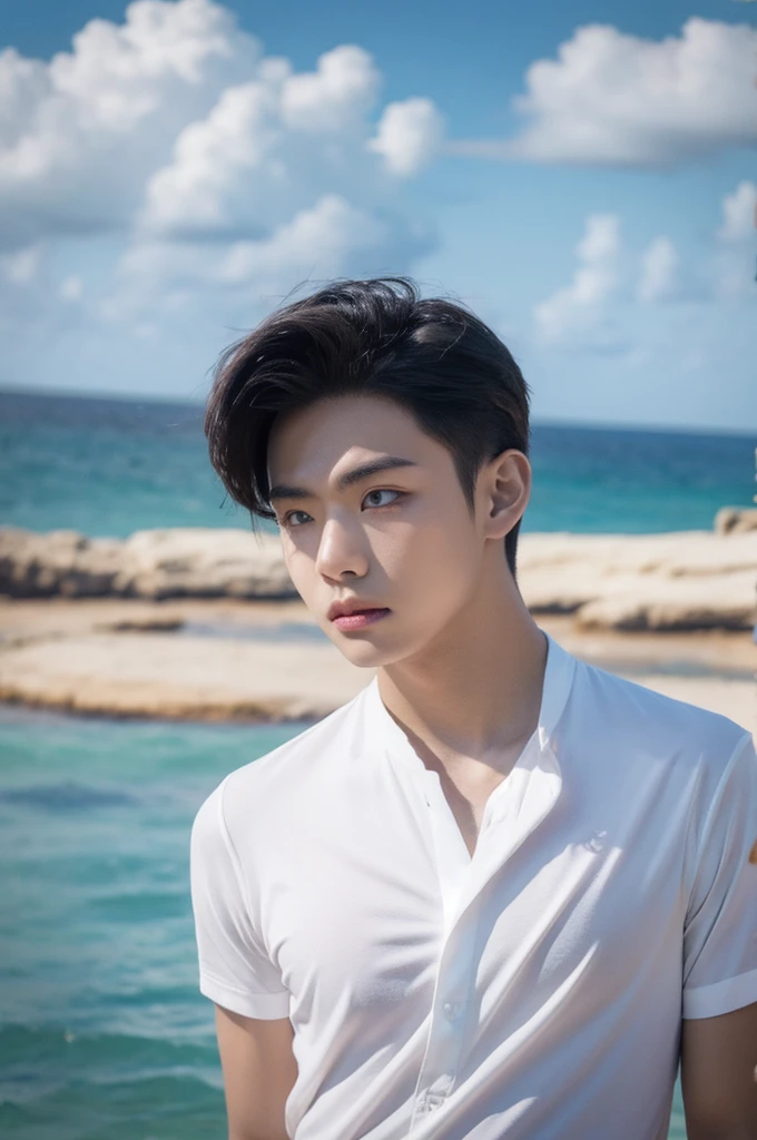 A young man in a shirt stood by the sea with a serious expression., looking into the distance,Eyebrows frowned.,He looked worried.,Turn your head slightly.,Cloudy day