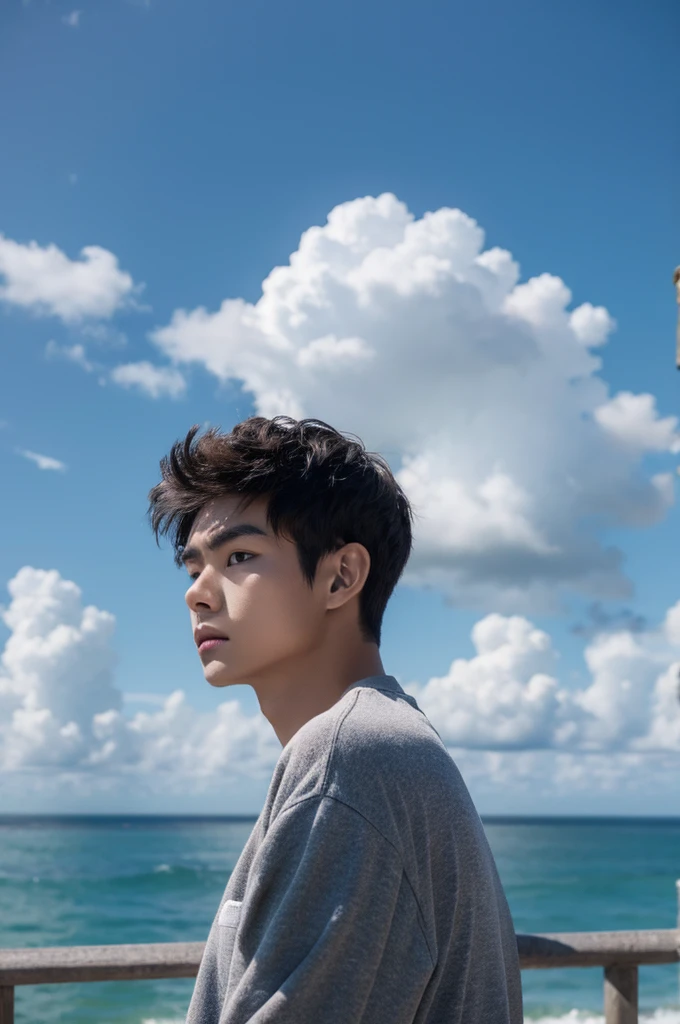 A young man in a shirt stood by the sea with a serious expression., looking into the distance,Eyebrows frowned.,He looked worried.,Turn your head slightly.,Cloudy day