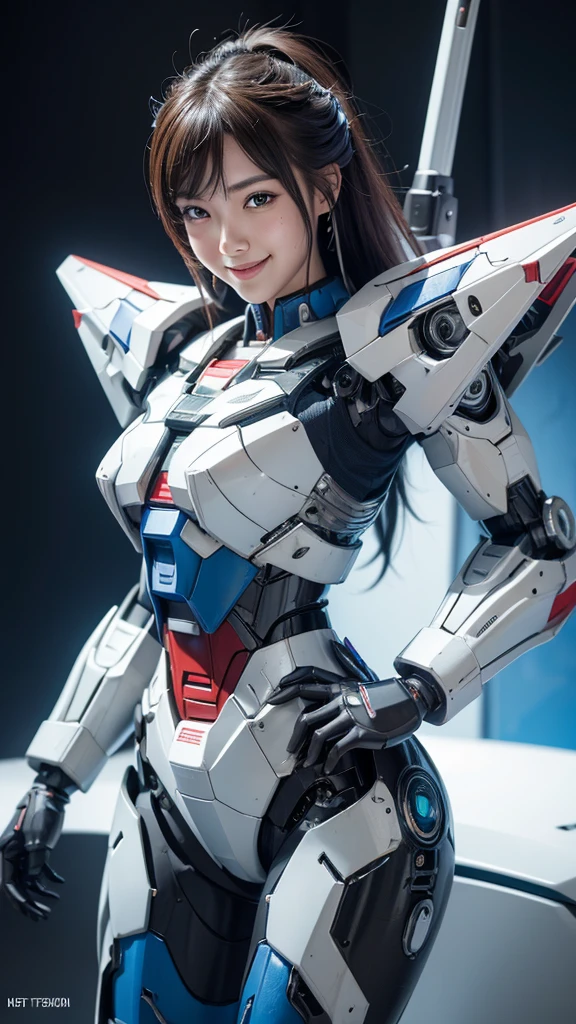 Textured skin, Super Detail, high details, High quality, Best Quality, hight resolution, 1080p, hard disk, Beautiful,(Gundam),Beautiful Smile,beautiful cyborg woman,Mecha Cyborg Girl,Battle Mode,Girl with a Mecha Body,She wears a futuristic Gundam mecha,Fulll body Shot