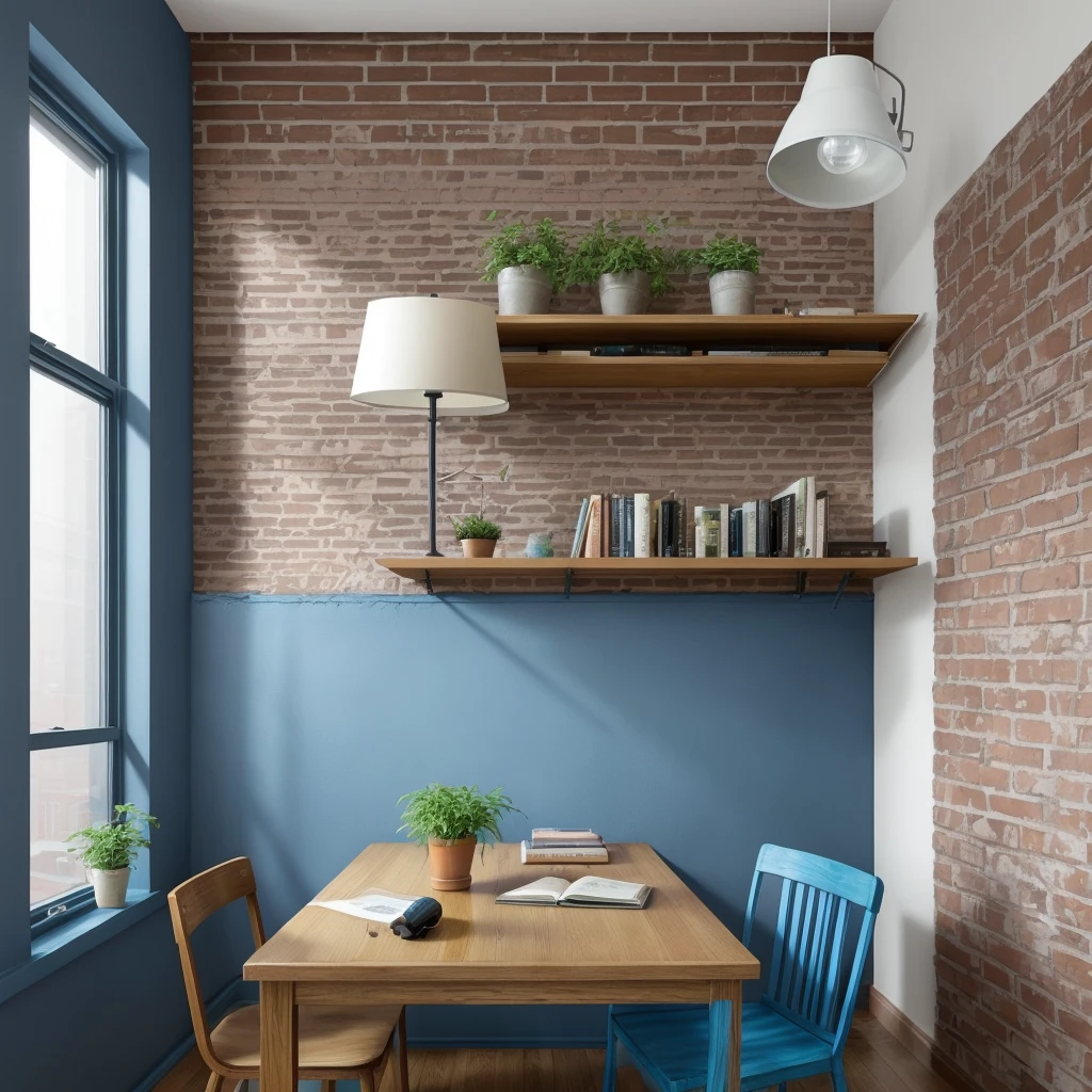 Create a small environment, exposed brick wall, oak colored mdf table, drawers, blue abstract painting frame, Comfortable chair, table lamp, bookshelf, notbook, spot light, plants coming down the wall.