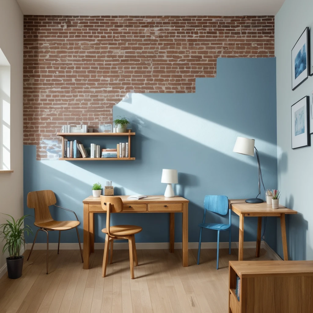 Create a small environment, exposed brick wall, oak colored mdf table, drawers, blue abstract painting frame, Comfortable chair, table lamp, bookshelf, notbook, spot light, plants coming down the wall.