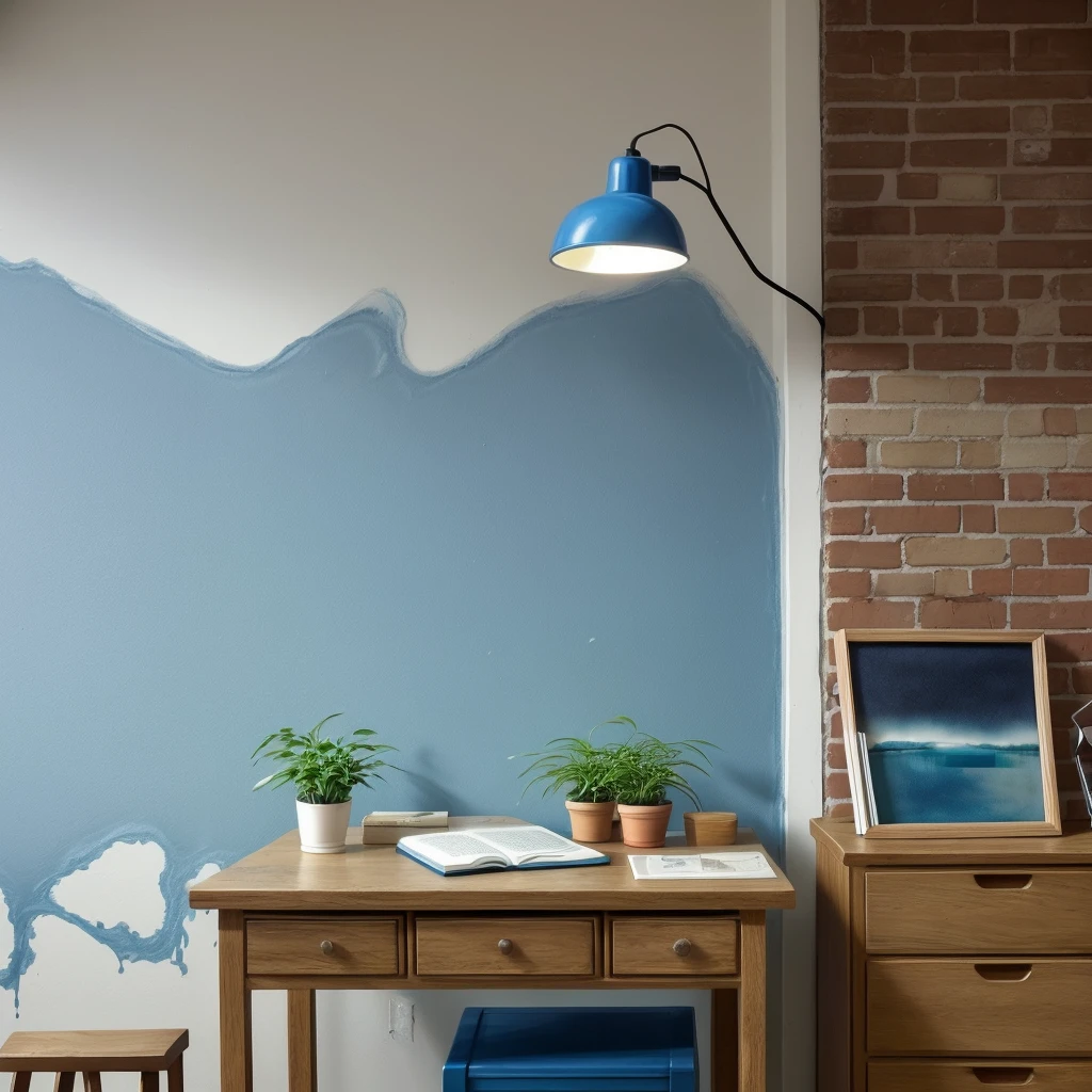 Create a small environment, exposed brick wall, oak colored mdf table, drawers, blue abstract painting frame, Comfortable chair, table lamp, bookshelf, notbook, spot light, plants coming down the wall.