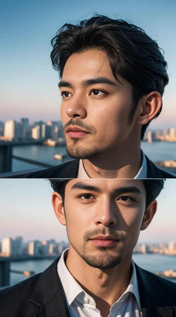 (realistically, Masterpiece, High resolution 8K, good light quality, Portrait, closed on face, complicated details), Handsome Korean Uncle, Beard,Age 40, Staring at desire, detailed face, Detailed eyes, look at the sky, shirt, suit lac suit,tick,黑Eyes, (Pale skin), body standards,brown hair, smooth hair,Big Back, Outdoor activities, evening, sunset,office room, Exaggerated, impersonal