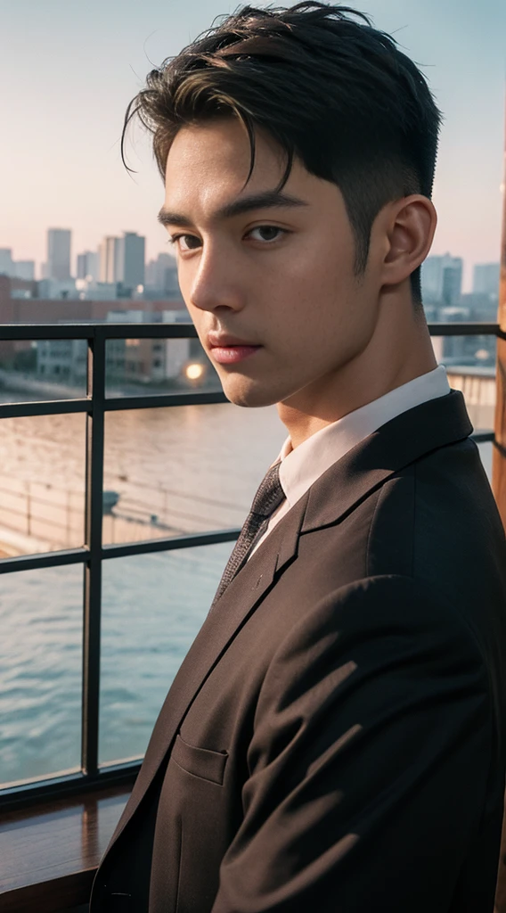 (realistically, Masterpiece, High resolution 8K, good light quality, Portrait, closed on face, complicated details), Handsome Korean Uncle, Beard，Age 40, Staring at desire, detailed face, Detailed eyes, look at the sky, shirt, suit lac suit，tick,黑Eyes, (Pale skin), body standards,brown hair, smooth hair,Big Back， Outdoor activities, evening, sunset,office room, Exaggerated, impersonal
