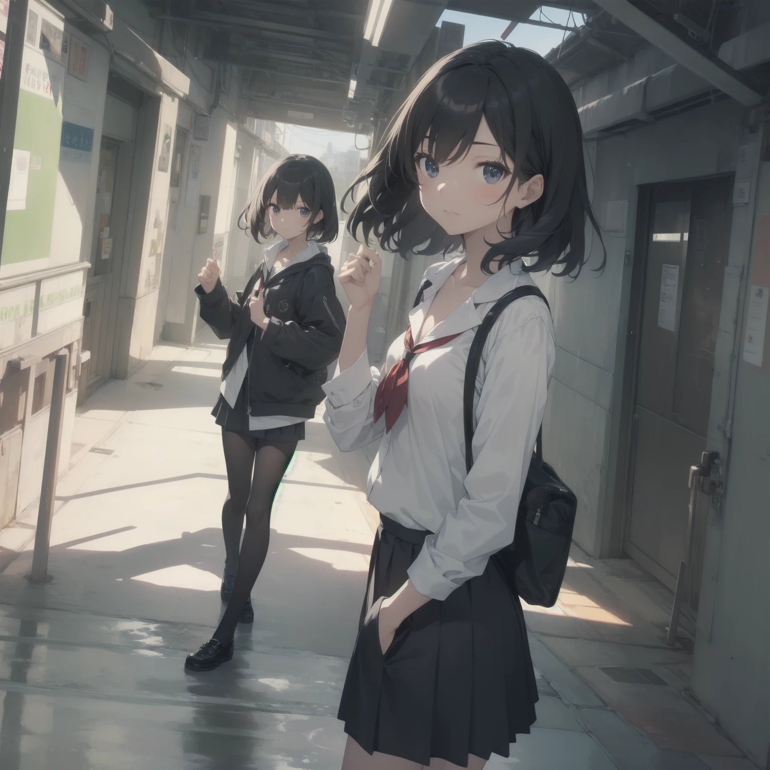 ultra-absurdres-Top quality by artist God, ultra-detailed, high resolution, anime moe artstyle, best anime 8k konachan wallpaper, pixiv contest winner, pool:2810, perfect anatomy,break, 1girl, (Please draw a girl walking sleepily to school alone. )break,(Solo,little female, 13-year-old:1.3),Full limbs, complete fingers,a junior high school student, (very short hair), short cut, flat chest, , small butt, small black eyes, beautiful detailed eyes, well-proportioned iris and pupils, expressive eyes, highres detailed hair, soft expression, salor school_uniform, sailor collar, serahuku, bow, pleated skirt,(Detailed Lighting), (Detailed background), in the School commute route. break,super detailed skin, Best cinematic lighting powered by famous artist, 8k,beauty illustration,photoshop_(medium),very aesthetic,break,((artist:sincos )), artist:clamp ,artist:carnelian ,artist:kantoku ,