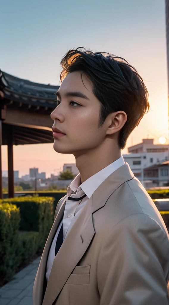 (realistically, Masterpiece, High resolution 8K, good light quality, Portrait, closed on face, complicated details), Handsome Korean Uncle, Beard,Age 40, Staring at desire, detailed face, Detailed eyes, look at the sky, shirt, suit lac suit,tick,黑Eyes, (Pale skin), body standards,brown hair, smooth hair,Big Back, Outdoor activities, evening, sunset,office room, Exaggerated, impersonal