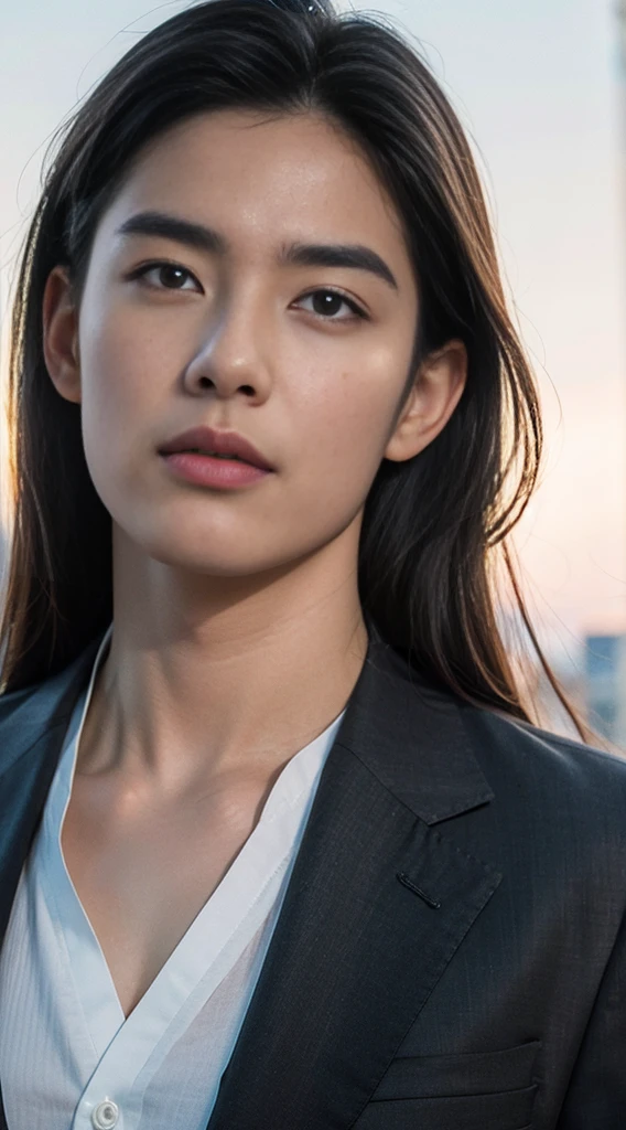 (realistically, Masterpiece, High resolution 8K, good light quality, Portrait, closed on face, complicated details), Handsome Korean Uncle, Beard,Age 40, Staring at desire, detailed face, Detailed eyes, look at the sky, shirt, suit lac suit,tick,黑Eyes, (Pale skin), body standards,brown hair, smooth hair,Big Back, Outdoor activities, evening, sunset,office room, Exaggerated, impersonal