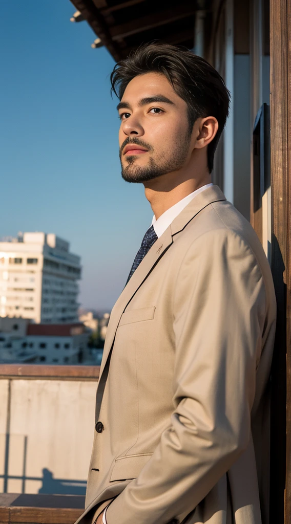 (realistically, Masterpiece, High resolution 8K, good light quality, Portrait, closed on face, complicated details), Handsome Korean Uncle, Beard,Age 40, Staring at desire, detailed face, Detailed eyes, look at the sky, shirt, suit lac suit,tick,黑Eyes, (Pale skin), body standards,brown hair, smooth hair,Big Back, Outdoor activities, evening, sunset,office room, Exaggerated, impersonal