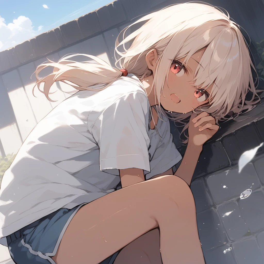 score_9, score_8_up, score_7_up, source_anime, best quality, masterpiece, official art, absurdres, highres, ultra-detailed,waifu2x,Collection: Slice of Life,break,1girl, tomboy, dark-skinned female, short hair, low ponytail, flat chest, beautiful detailed eyes, short shorts, sweat, open mouth, (yawn:0.3), sleepily, outdoors, wind, break,(clear line illustration:1.2),very high resolution, very aesthetic, super detailed skin, Best sexual lighting powered by famous artist, 8k,cute picture,beauty illustration,photoshop_(medium),,(Detailed Lighting),best anime 8k konachan wallpaper, pixiv contest winner,