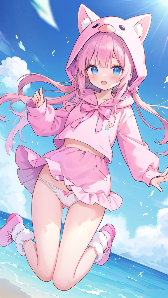 beautiful illustration, best quality, cute girl , animal hood, dynamic angle, sky, jumping show panties pink 