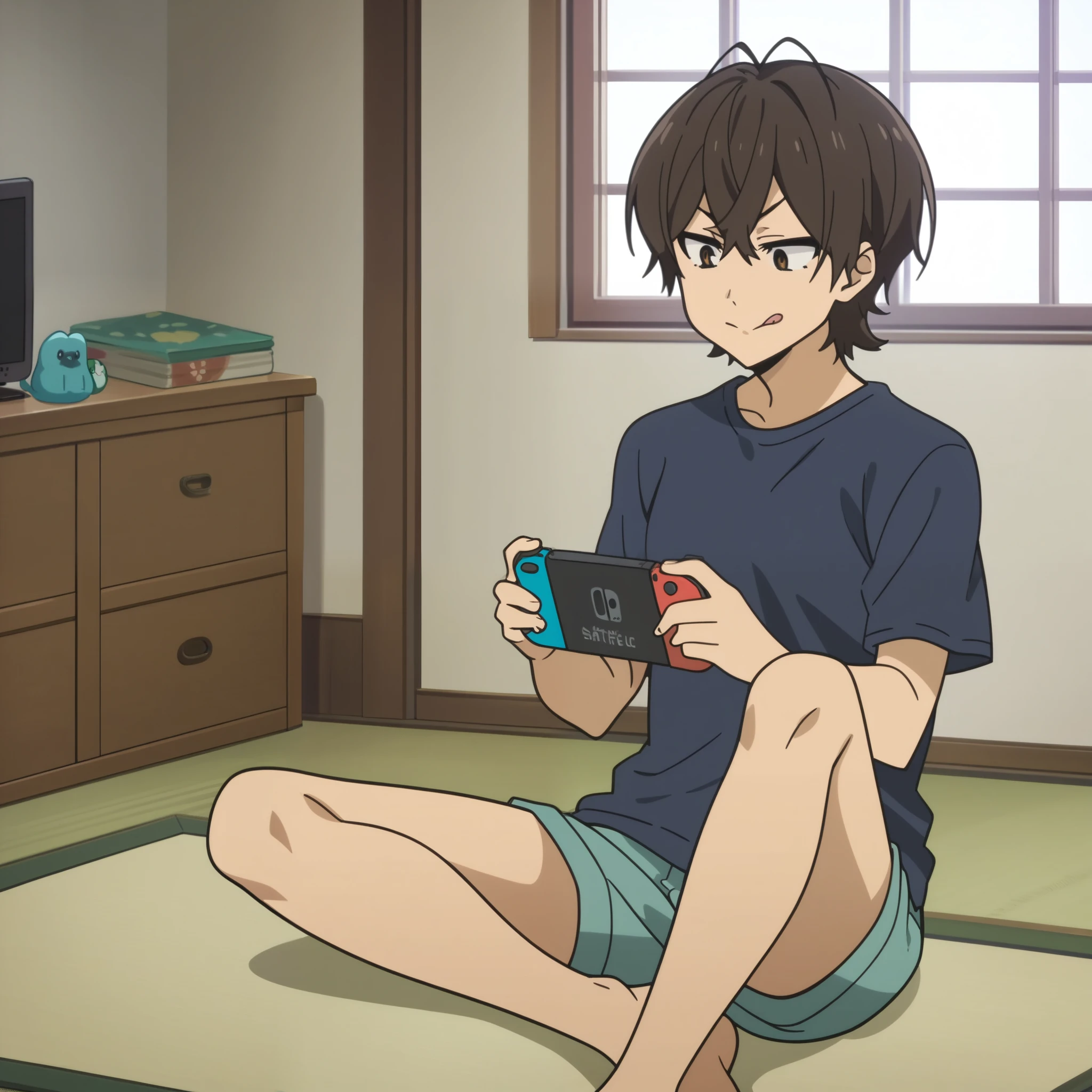 score_8_up, score_7_up, score_6_up, source anime, anime screencap, miwa, shirt, shorts, sitting, legs spread, knees bent, tatami mat, indoors, living room, holding nintendo switch, looking at nintendo switch, concentrating, closed mouth, tongue out, tongue,