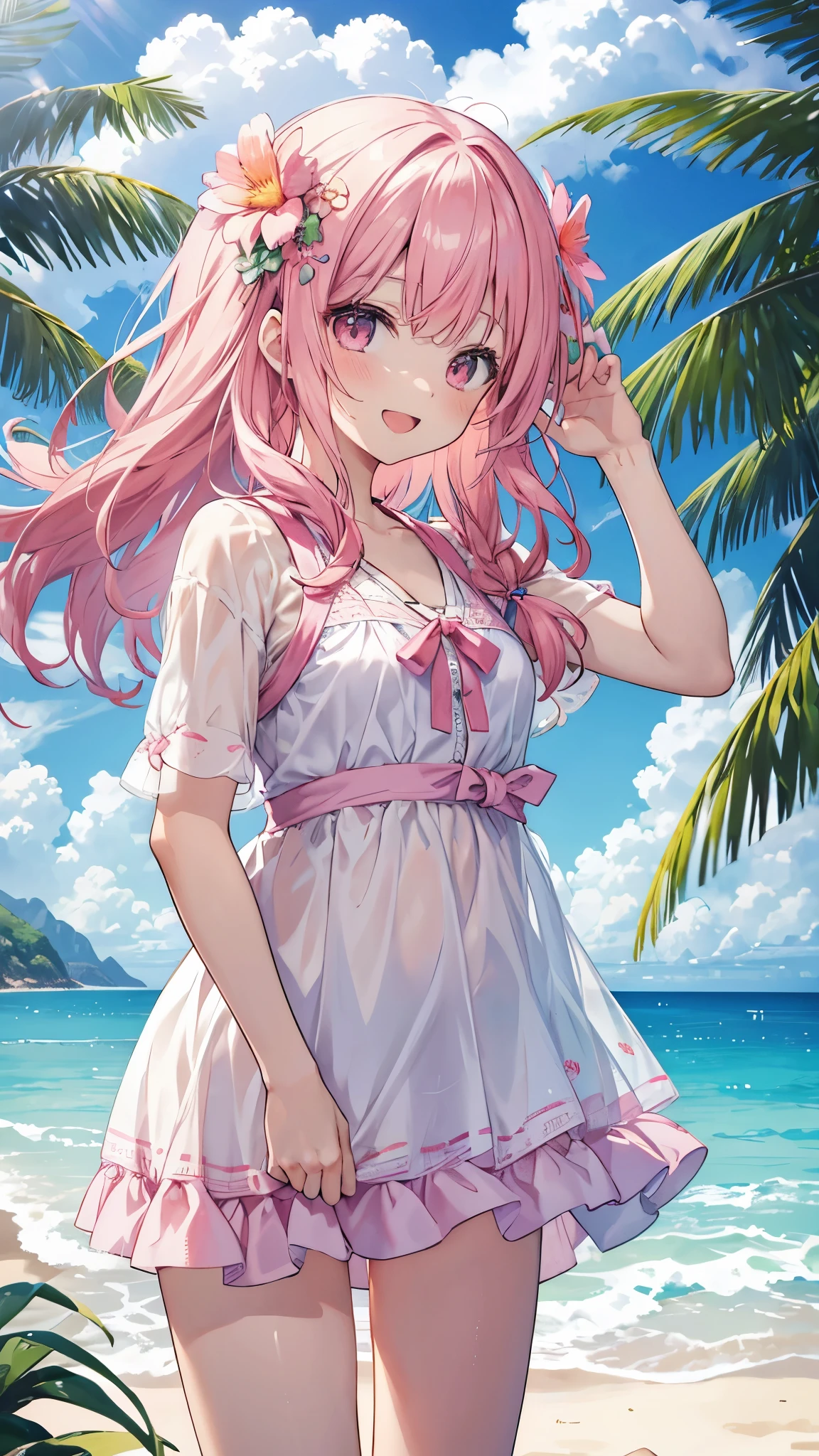ヤシのwoodのあるBeachでビキニを着たアニメの女の子 anime girl in pink outfit standing near palm woods on sandy Beach, One girl, Outdoor, alone, palm wood, Long Hair, Day, smile, wood, Open your mouth, View your viewers, hair ornaments, Beach, :d, null, Floating Hair, Swimwear, cloud, Hair Flowers
