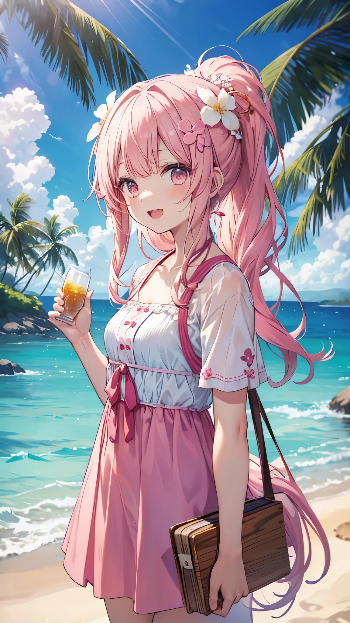 ヤシのwoodのあるBeachでビキニを着たアニメの女の子 anime girl in pink outfit standing near palm woods on sandy Beach, One girl, Outdoor, alone, palm wood, Long Hair, Day, smile, wood, Open your mouth, View your viewers, hair ornaments, Beach, :d, null, Floating Hair, Swimwear, cloud, Hair Flowers
