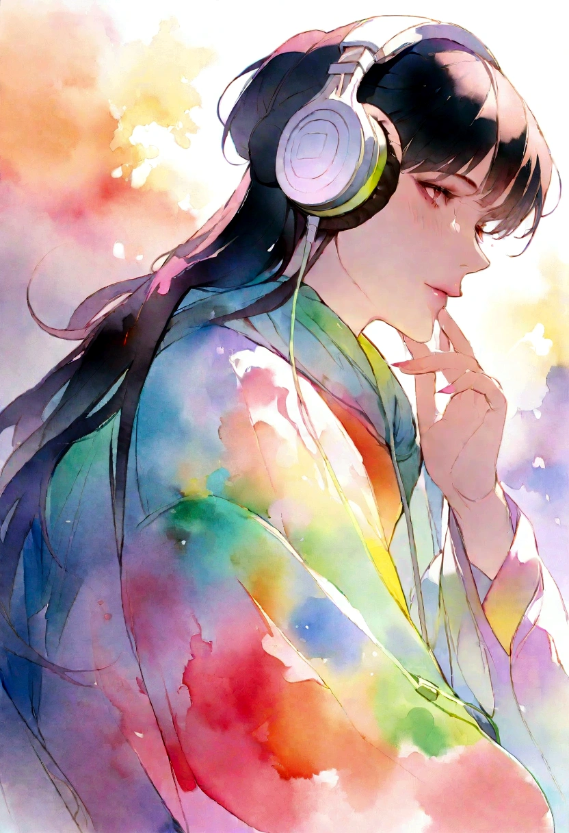 high quality, masterpiece, watercolor, Wash technique, colorful, Dripping and splattering paint, Paintings like Agnes Cecil, Blurred, Pale touch, Blurred輪郭, Fairytale-like, Young man wearing headphones and listening to music, Christianity, Catholic elements, Bright colors, High detail, Bright colors彩と自然, Luminism, Three-dimensional effect, Enhance aesthetics, Albert Anker, Luminism, Equal length method, author：Snow , Amazing full color