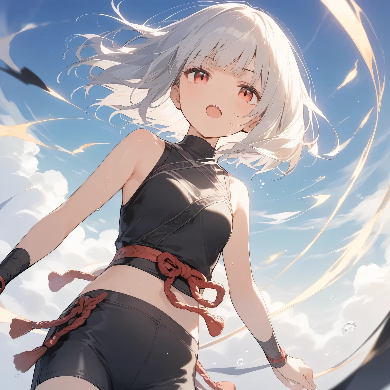 score_9, score_8_up, score_7_up, source_anime, best quality, masterpiece, official art, absurdres, highres, ultra-detailed,waifu2x,Collection: Slice of Life,break,1girl, very short hair, blunt bangs, bob cut, small breasts, serious eyes, beautiful detailed eyes, ninja, bike shorts, sweat, open mouth, heavy breathing, outdoors, wind, break,(clear line illustration:1.2),very high resolution, very aesthetic, super detailed skin, Best sexual lighting powered by famous artist, 8k,cute picture,beauty illustration,photoshop_(medium),,(Detailed Lighting),best anime 8k konachan wallpaper, pixiv contest winner,