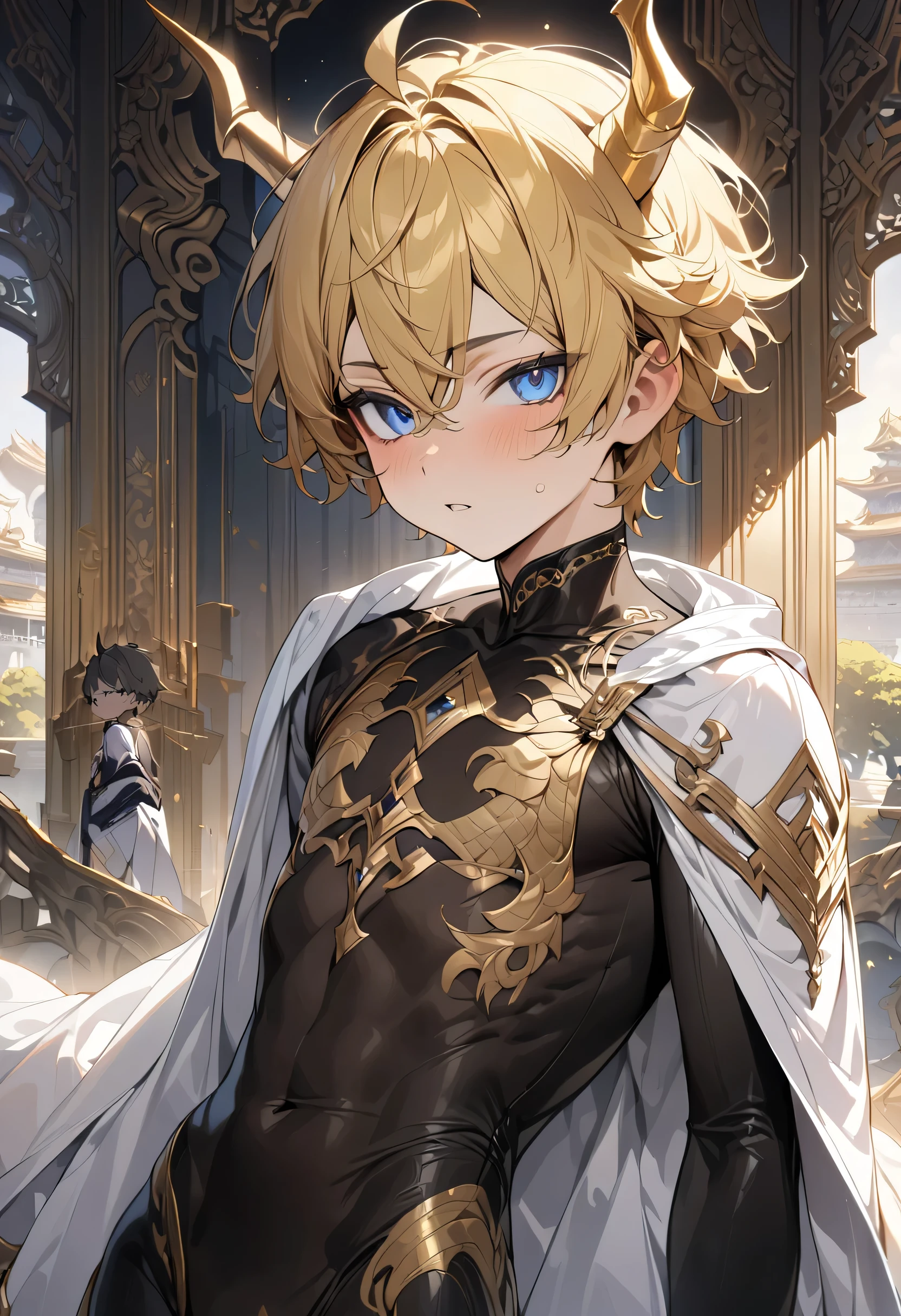 high quality,(best quality,4K,a high resolution,masterpiece:1.2),super detailed,(1 boy),(solo),juvenile,(Male juvenile),handsome and cute boy,yellow hair, black dragon horn, Black bodysuit with golden pattern,blue eye，short hair，single photo,the white temple of light,magnificent palace background，Wearing a white cape behind
