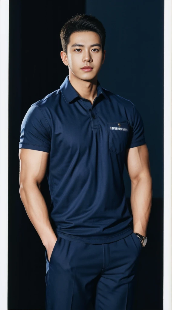 A male police officer in his 20s poses for a group photo....., Wear a navy blue shirt......................, high resolution, Masterpiece, best quality, head:1.3,((Hasselblad photos)), Smooth and fine skin, clear focus, (movie light), during the night, gentle light, Dynamic angle, [:(detailed face:1.2):0.2],(((exercise))), sport, His arm muscles were very big.........., hand in crotch.