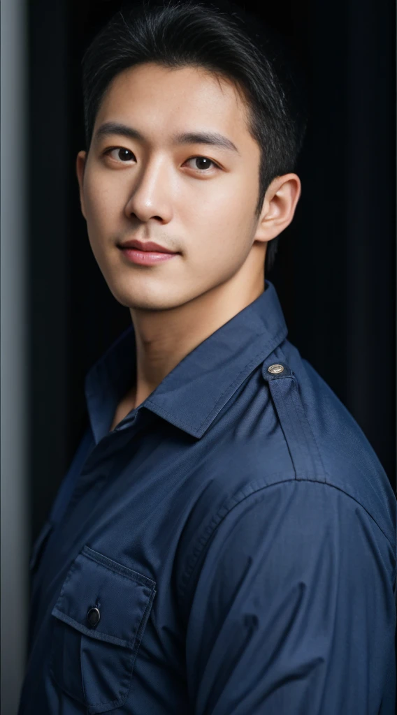 A male police officer in his 20s poses for a group photo....., Wear a navy blue shirt......................, high resolution, Masterpiece, best quality, head:1.3,((Hasselblad photos)), Smooth and fine skin, clear focus, (movie light), during the night, gentle light, Dynamic angle, [:(detailed face:1.2):0.2],(((exercise))), sport, His arm muscles were very big.........., hand in crotch.