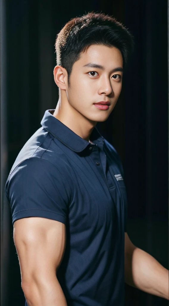A male police officer in his 20s poses for a group photo....., Wear a navy blue shirt......................, high resolution, Masterpiece, best quality, head:1.3,((Hasselblad photos)), Smooth and fine skin, clear focus, (movie light), during the night, gentle light, Dynamic angle, [:(detailed face:1.2):0.2],(((exercise))), sport, His arm muscles were very big.........., hand in crotch.