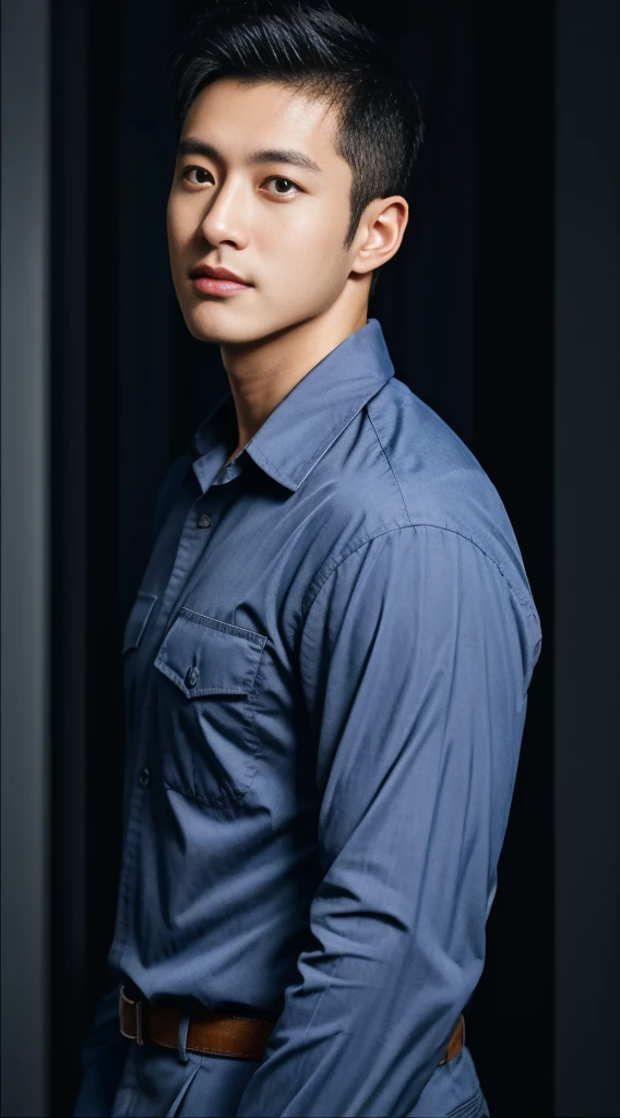 A male police officer in his 20s poses for a group photo....., Wear a navy blue shirt......................, high resolution, Masterpiece, best quality, head:1.3,((Hasselblad photos)), Smooth and fine skin, clear focus, (movie light), during the night, gentle light, Dynamic angle, [:(detailed face:1.2):0.2],(((exercise))), sport, His arm muscles were very big.........., hand in crotch.