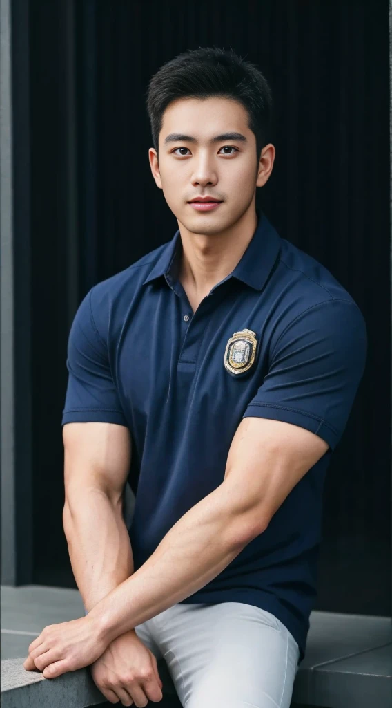 A male police officer in his 20s poses for a group photo....., Wear a navy blue shirt......................, high resolution, Masterpiece, best quality, head:1.3,((Hasselblad photos)), Smooth and fine skin, clear focus, (movie light), during the night, gentle light, Dynamic angle, [:(detailed face:1.2):0.2],(((exercise))), sport, His arm muscles were very big.........., hand in crotch.