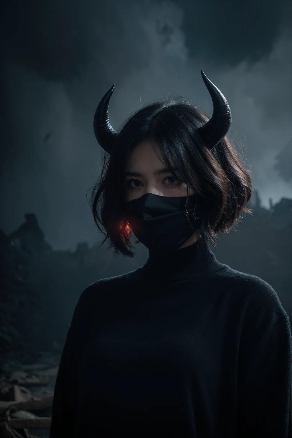 a terrifying demon with ghastly horns, a mysterious and unsettling otherworldly environment, a person wearing a strange mask, cinematic lighting, dark moody colors, photorealistic, 8k, high quality, masterpiece, (best quality,4k,8k,highres,masterpiece:1.2),ultra-detailed,(realistic,photorealistic,photo-realistic:1.37),dark fantasy,horror,surreal,dramatic lighting,moody colors