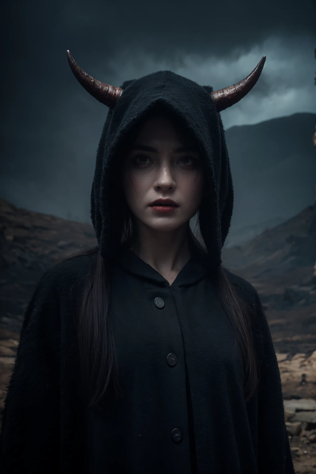 a terrifying demon with ghastly horns, a mysterious and unsettling otherworldly environment, a person wearing a strange mask, cinematic lighting, dark moody colors, photorealistic, 8k, high quality, masterpiece, (best quality,4k,8k,highres,masterpiece:1.2),ultra-detailed,(realistic,photorealistic,photo-realistic:1.37),dark fantasy,horror,surreal,dramatic lighting,moody colors