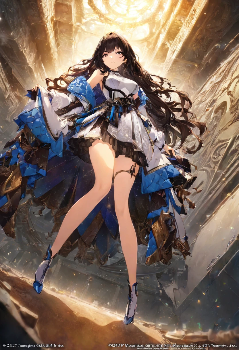 ((Poster featuring 1 girl )),masterpiece, Best quality, Official art, Unity 8k Wallpaper, ultra detailed, beautiful and aesthetically pleasing, extremely detailed,solo,long hair,A dark-haired,Dynamic angle,  elegant, brutalist developed, bright colors, fullbody,