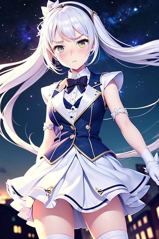 (((ultra detail game CG))), (((ultra detail background))), (((ultra detail girl))), (((ultra detail clothes))), (((best quality))), (((masterpiece))), (((ultra detail satin shading))), ((14 years old)), (((white magical girl))), (((white and navy satin blazer))), ((sleeveless)), (((white satin pleated skirt))), ((white twin tail)), ((navy eyes)), (((white satin long gloves))), ((white satin knee socks)), ((white satin arm cover)), ((night sky)), ((fighting)), standing, ((ashamed)), ((((blushed)))), ((ecstasy)), ((tired)), sleeping, ((hypnosis))