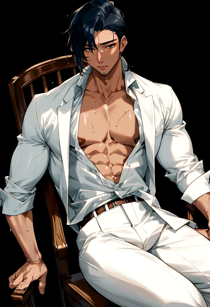 Wet Sexy asian man, male in a wet white shirt and tan pants sitting on a chair, big chest, handsome man, handsome guy, handsome stunning realistic, portrait of a handsome man, clothed in wet white shirt, sweat, (best quality)), ((masterpiece)), (detailed)