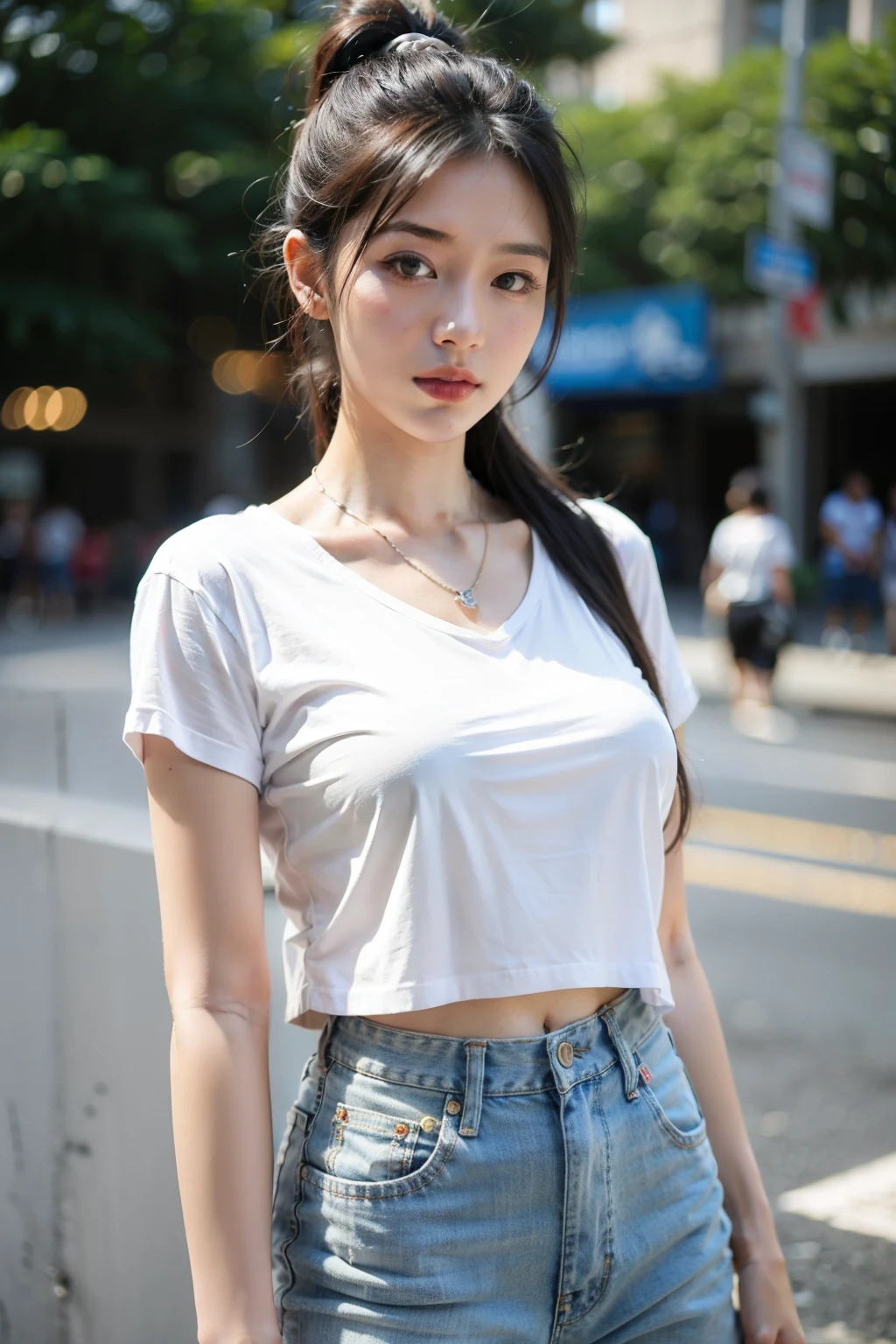 ((best quality)), ((masterpiece)), (extremely detailed beautiful face),
young Taiwanese woman, twenties, big breasts, casual style, oversized white T-shirt, distressed high-waisted denim jeans, relaxed ponytail, natural waves, simple silver necklace, wristwatch, city street, relaxed vibe, trendy,
professional photo, high contrast exposure, soft bokeh, high key light, hard shadow, soft bokeh, simple background,