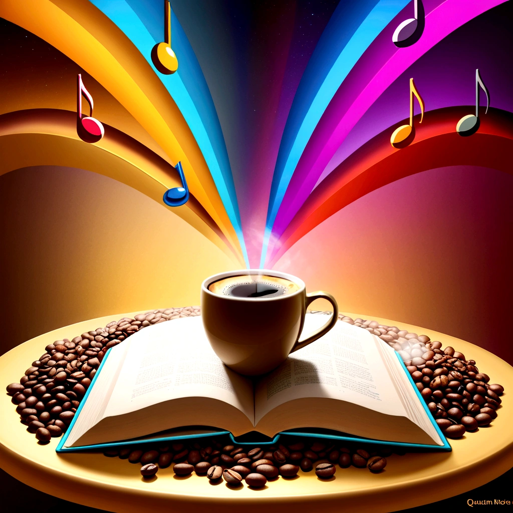 Musical notes quantum mechanics book soft tones relaxing atmosphere coffee focus coffee beans technology style