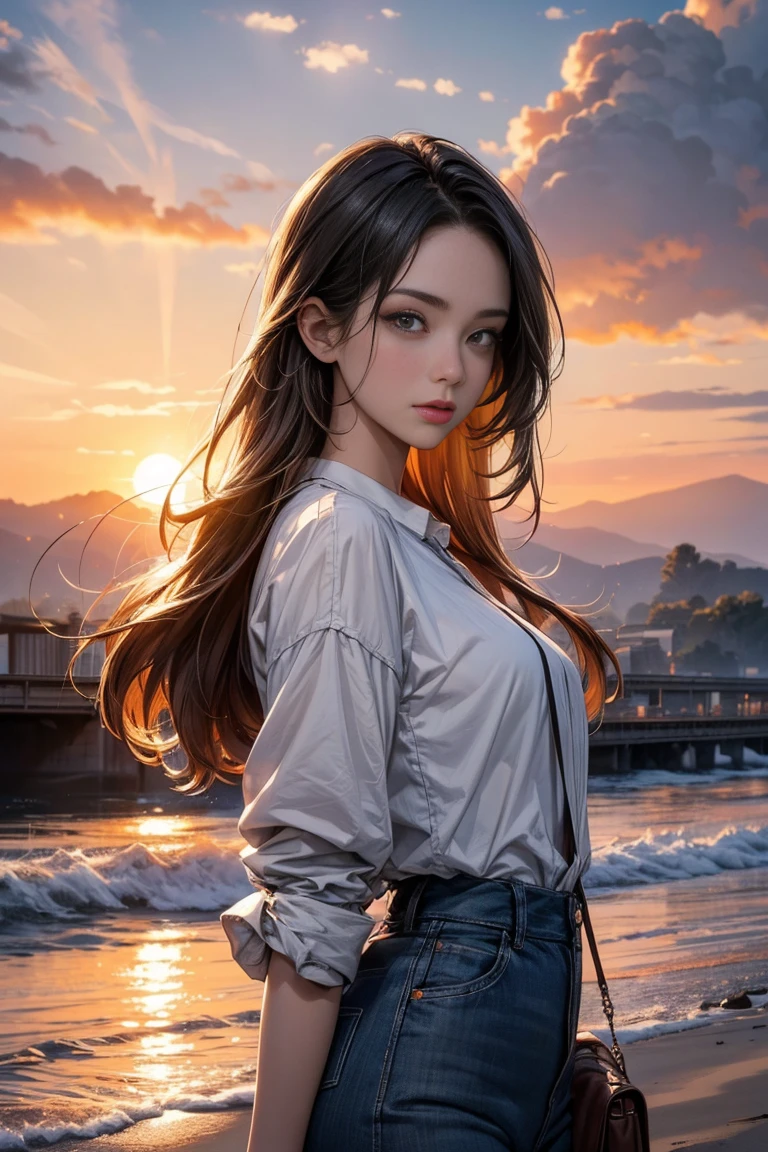 ((masterpiece, Highest quality, High resolution)), ((Highly detailed CG integrated 8K wallpaper)), An airplane flying in the morning sky, Sunrise on a cloudy morning, Strong sun rising in the sky, moody The rising sun in the background, orange sky outside, Sunrise on a cloudy morning, sky setting, The rising sun in the background, Sunrise is, The rising sun in the background, Background sky, Background sky, With dramatic skies,