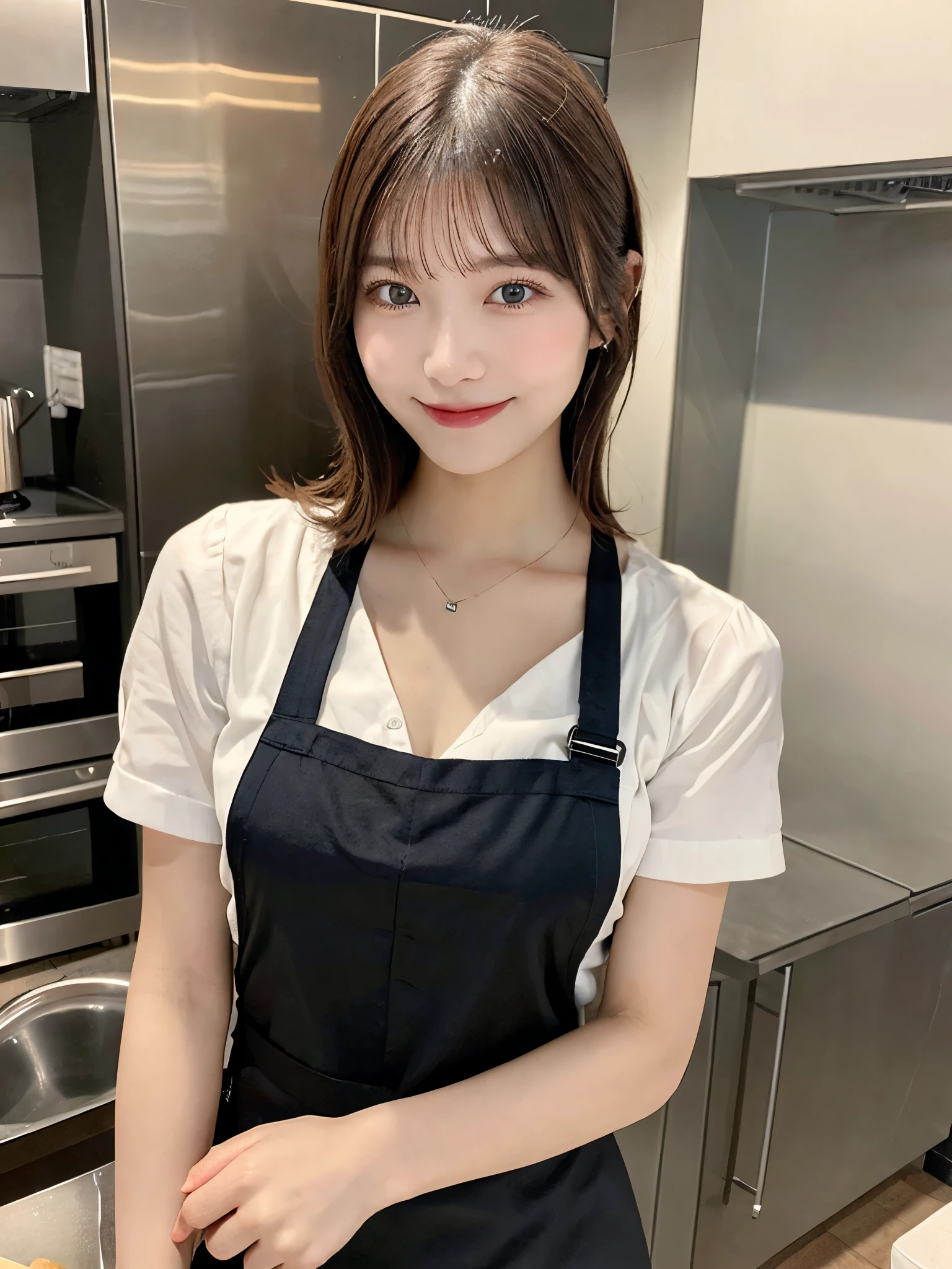(Highest quality, 8K, masterpiece: 1.3), Beautiful woman with perfect figure: 1.4, Dark brown hair, Wearing a pendant, Wearing an apron, In the kitchen, Highly detailed face and skin, Fine grain, double eyelid, Big Breasts, smile