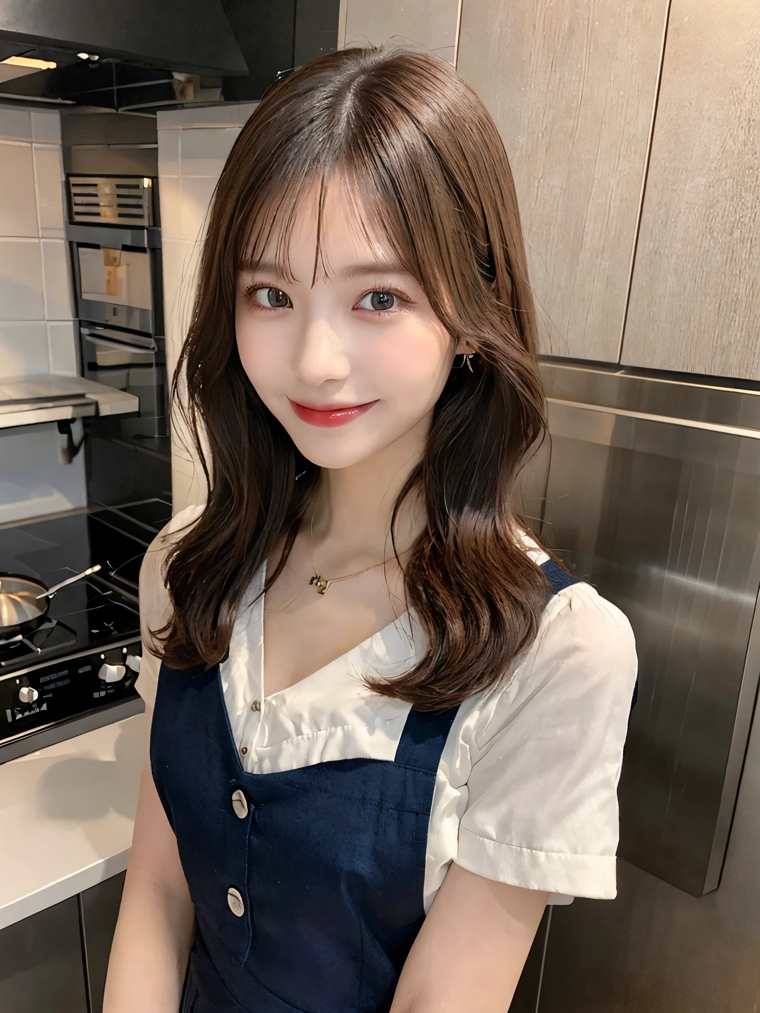 (Highest quality, 8K, masterpiece: 1.3), Beautiful woman with perfect figure: 1.4, Dark brown hair, Wearing a pendant, Wearing an apron, In the kitchen, Highly detailed face and skin, Fine grain, double eyelid, Big Breasts, smile