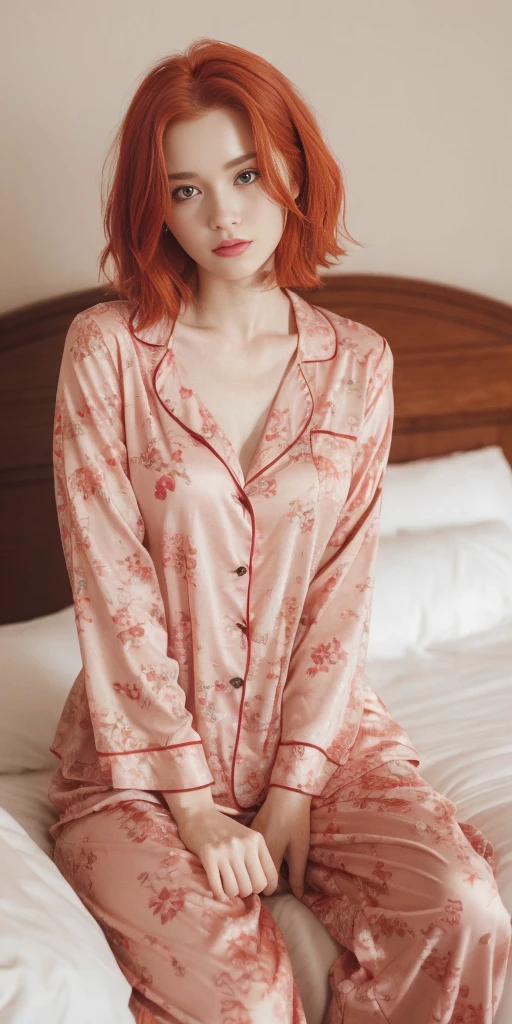 There is a woman sitting on a bed wearing a pink floral pajamas, red-haired girl, beautiful red-haired woman, red-haired woman, young red-haired girl, short bright red hair, red hair and attractive features, Anna Nikonova aka Newmilky, red-haired girl, redhead, beautiful woman, posing in bed, red head, with short red hair, posing in a room