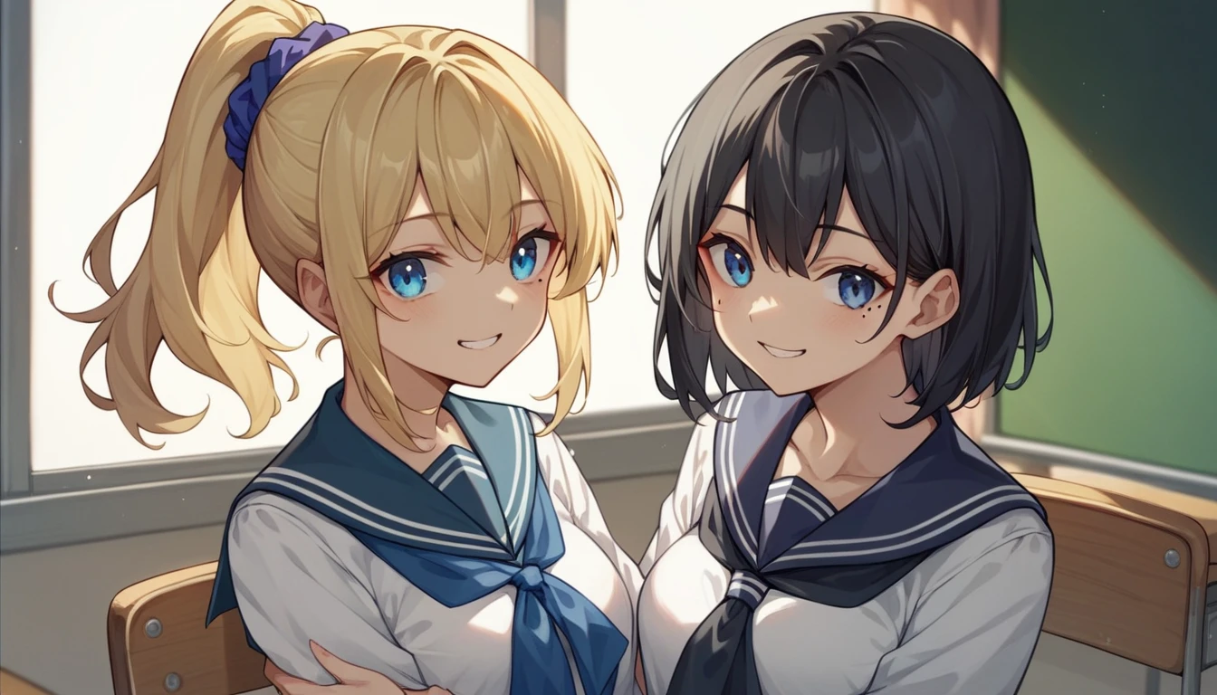 Portrait、512、High School Girl A(Medium hair with black hair、Canine、Tear mole on left eye、White and navy blue sailor suit、smile、Trying to eat rice ball)、High school girl B(ponytail、Blonde、blue eyes、Red scrunchie、White and navy blue sailor suit、Lunch box on lap)、classroom、lunch